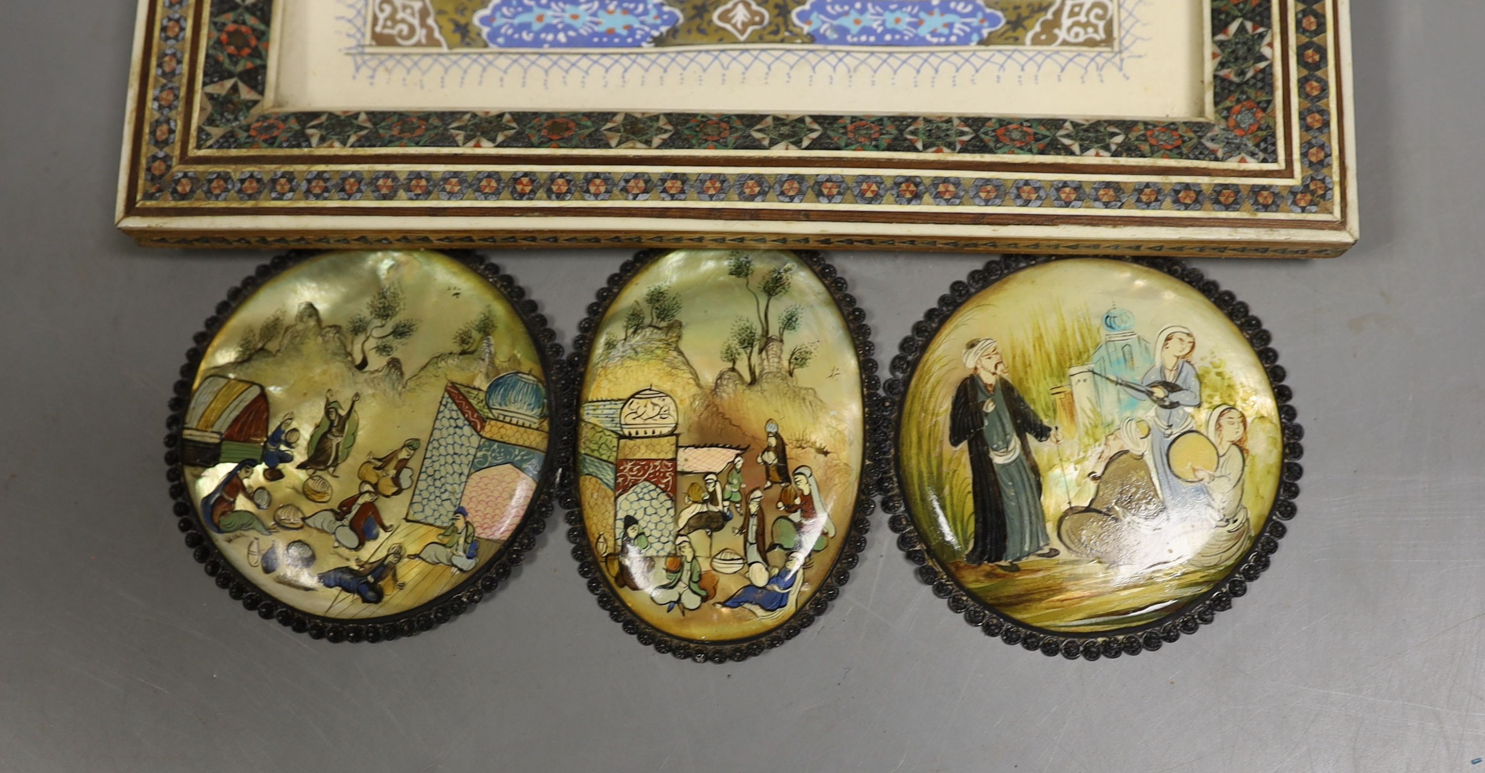 A Persian framed painting and three similar miniatures on pearl shell, 19 cms wide x23 cms high including frame.